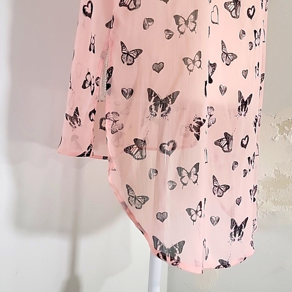 Womens Sheer Pink w/Black Butterflies High Low Ruffle Sleeve Top Size XL - Picture 8 of 14
